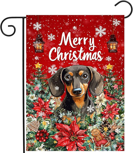 Christmas Dachshund Garden Flag Merry Christmas Dog Yard Flag for Outside Xmas Flags 12x18 Double Sided Red Poinsettia Garden Flags Winter Porch Decorations Outdoor
