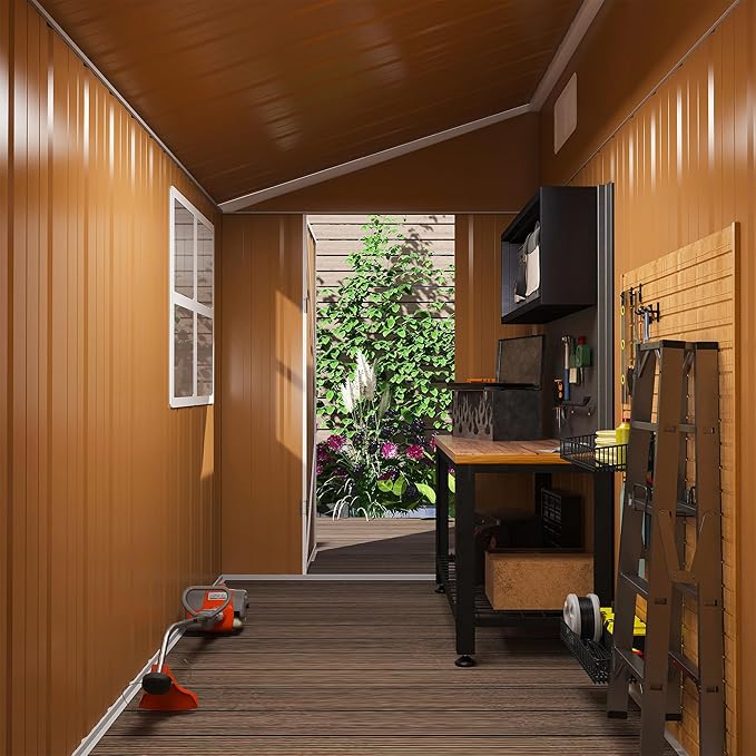 Outdoor Tool Shed 4x8 FT Heavy-Duty Metal Storage Shed with Hinged Door, Windows & Ventilation - Weather-Resistant Roof Garden Shed for Backyard, Patio, Lawn (Brown)