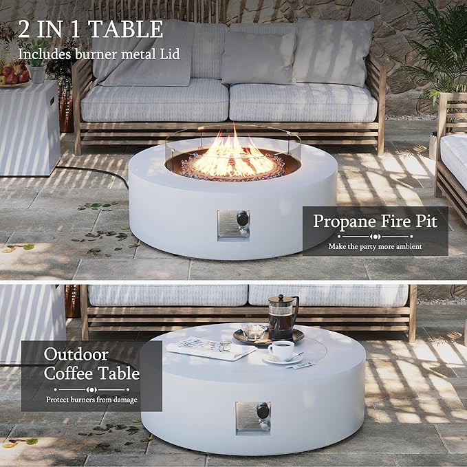 UPHA 42-inch Outdoor Propane Gas Fire Pit Table 50000 BTU Iron Round Firepit for Outside Patio with Tank Hidden Table, Wind Guard, Removable Lid, Blue Glass Rocks, Rain Cover, White
