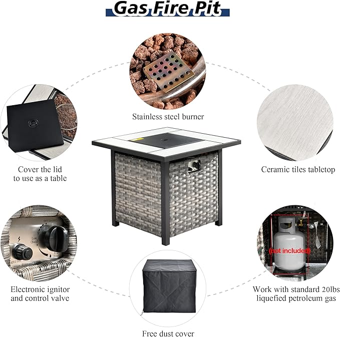 HOOOWOOO Modular Patio Outdoor Sectional Furniture Set with Gas Propane Fire Pit Table,7 Piece Wicker Conversation Sofa Set,Out Door Couch Set with Wide Arm Outside(Navy Blue)