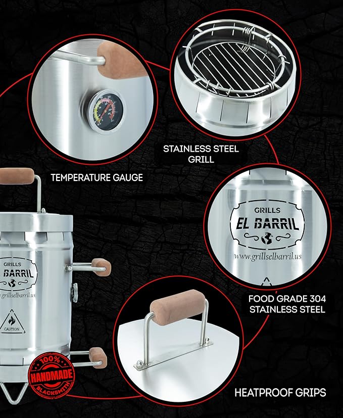 EL BARRIL 13lbs Grill & Smoker Barrel, Stainless Steel Charcoal Smoker Grill – Portable Outdoor Smokers with Grilling Accessories & Carry Bag