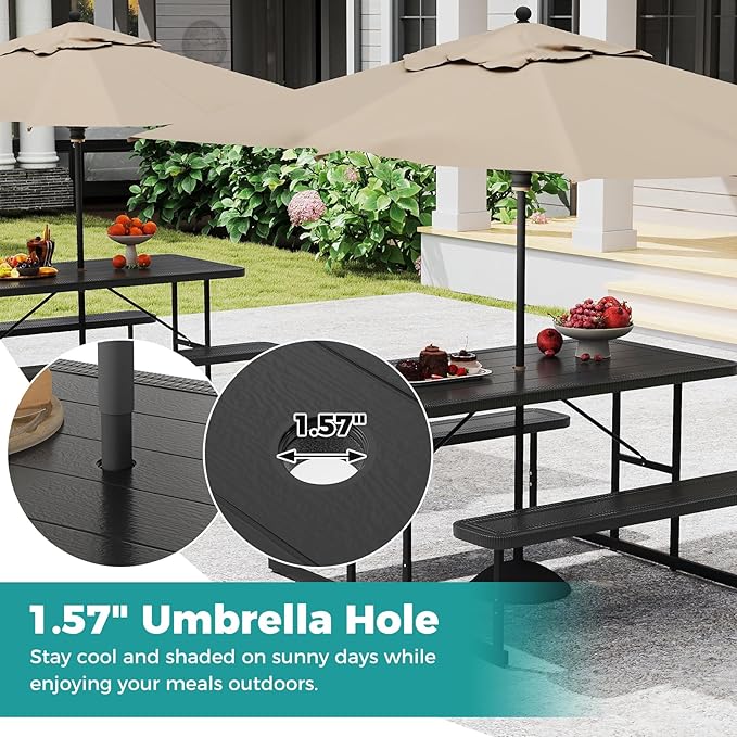 Giantex Picnic Table Bench Set for 4 People, 4.5FT Outdoor Rectangular Dining Table & 2 Benches w/Umbrella Hole, HDPE Tabletop, Metal Frame, Patio Garden Backyard Poolside (4.5FT,Non-Foldable,Black)