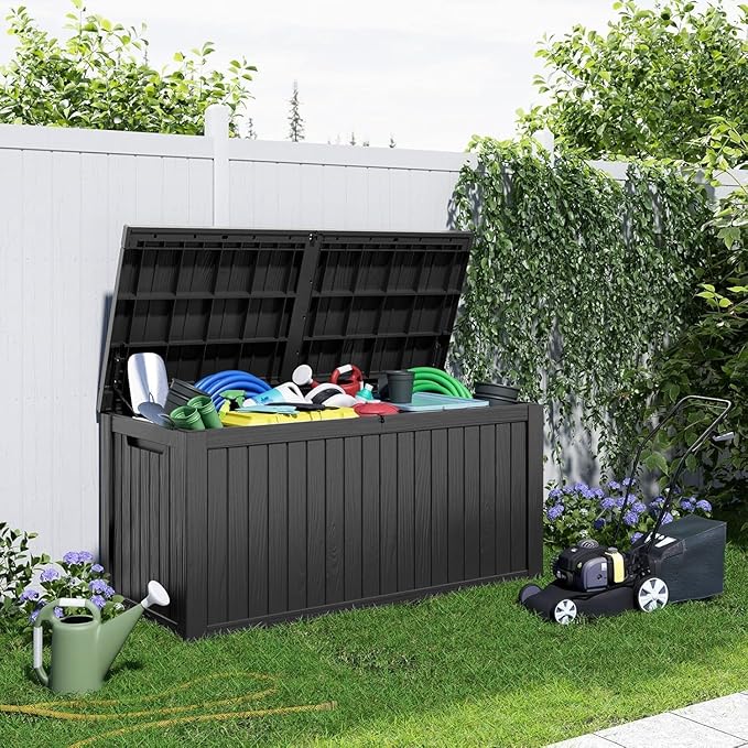 180 Gallon Large Deck Box,Resin Outdoor Storage Box with Lockable for Patio Furniture, Pool Accessories, Garden Tools Waterproof Outside Storage Box, Black