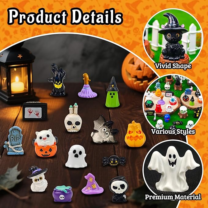 38 Pcs Halloween Mini Resin Figures Tiny Little Pumpkin Ghost Skull Miniature Figurines Bulk for Halloween Party Micro Landscape Fairy Garden Decor