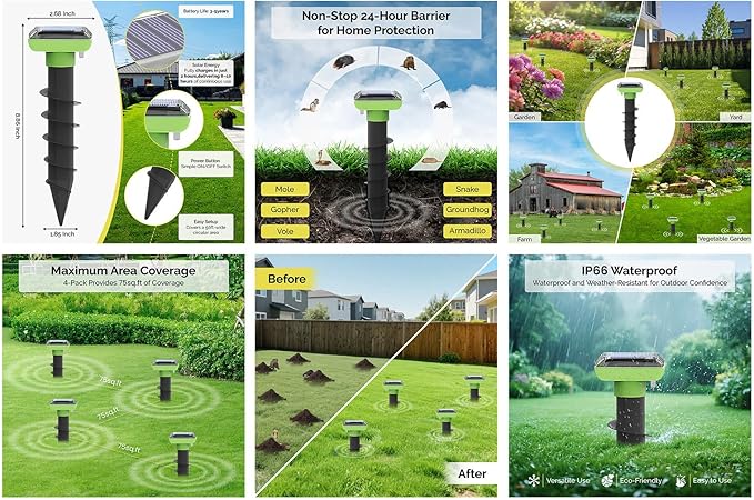 Solar Garden Device – 4 Pack, IP66 Waterproof, Solar Rechargeable, Covers up to 75 sq. ft., Quick 2-Hour Charge, 8–10 Hours Operation, Weather-Resistant Lawn & Garden Spikes – EPA No. 94623