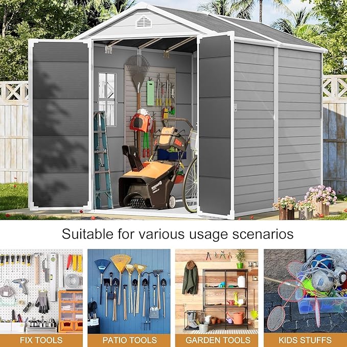Resin Storage Shed 8 x 6 FT: Outdoor Resin Sheds with Floor, Plastic Waterproof Patio Outdoor Storage Shed with Lockable Door & Windows,Tool Sshed Storage for Garden Backyard Patio Lawn, Gray