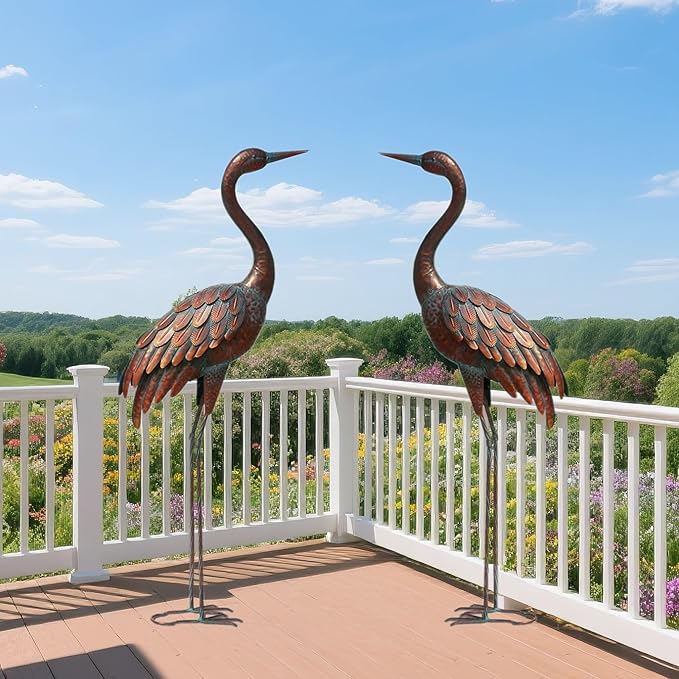 chisheen 2PCS Garden Crane Statues Outdoor Sculptures Metal Yard Art Statue for Garden Decoration Large Size Set of 2