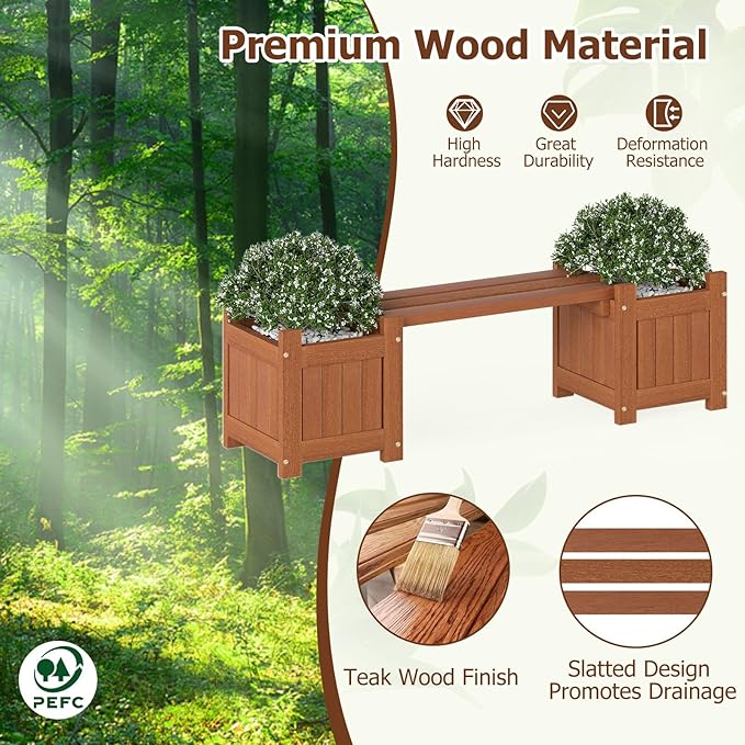 Giantex 2-in-1 Outdoor Bench with 4 Planter Boxes, Wood with Teak Oil Finish, Raised Garden Beds with Open-Ended Base, Garden Bench Seat for Porch Balcony Lawn Yard, DIY Assembly, 42"x11"x11.5"