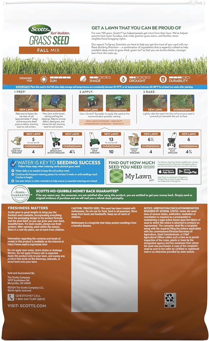 Scotts Turf Builder Grass Seed Fall Mix, Grass Seed Mix with Fertilizer and Soil Improver, 16 lbs.