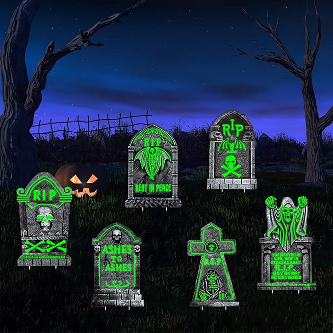 6 Pack Glowing in The Dark Halloween Tombstones Decoration for Graves, 16.5"x10" Large Outdoor Graveyard Decor Waterproof Plastic Grave Markers with 12 Stakes for Yard, Lawn Cemetery Displays