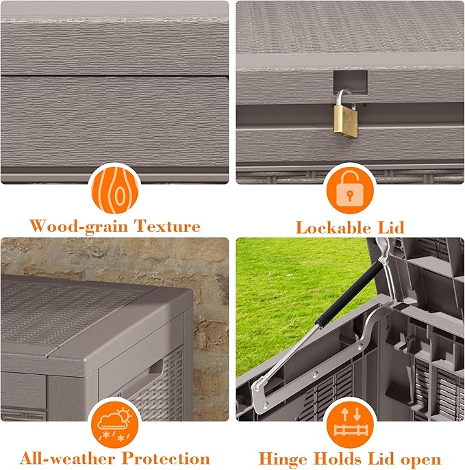100 Gallon Resin Deck Storage Boxes Outdoor Waterproof, Lockable Outdoor Storage Container for Patio Cushions, Garden Tools, Pool Accessories,Grey