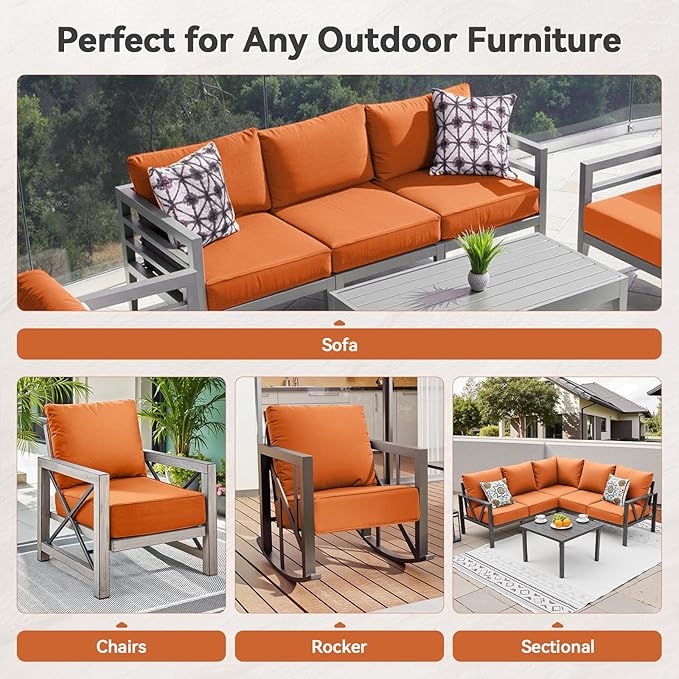 Luxury 6" Outdoor Cushions for Patio Furniture, 24x24x6 Thick Seat Cushion Set of 2, Fade Resistant Couch Chair Replacement Cushions High Density Deep Wicker Chair Cushion w/Removable Cover, Orange