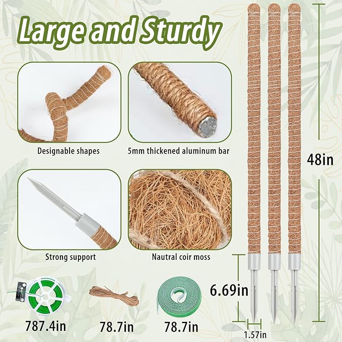 3 Pack Moss Pole, 48 Inch Monstera Plant Support, Moss Poles for Climbing Indoor Plants, Bendable Coco Coir Plant Support Stakes for Potted Plants, Pothos, Philodendron