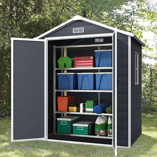Outdoor Storage Shed 6x4.4FT, Resin Shed Plastic with Floor for Garden Tool,Waterproof Outdoor Resin Storage,Lockable Doors for Patio,Yard,Lawn (Darkgray 6x4)
