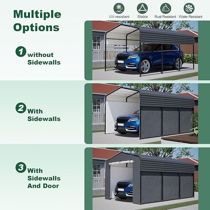 Metal Carport Kit 10x15 FT Heavy Duty Galvanized Garage Shed for Car Truck Boat Outdoor All Weather Sunshade Canopy Tent Car Shelter with Tarpaulin Sidewalls Enhanced Base Sloped Top