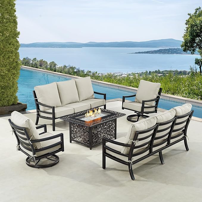 Oakland Living Black Aluminum Patio Fire Table Set with Two Deep Seating Sofa with Cushions and Two Club Chairs with Light Grey Cushions