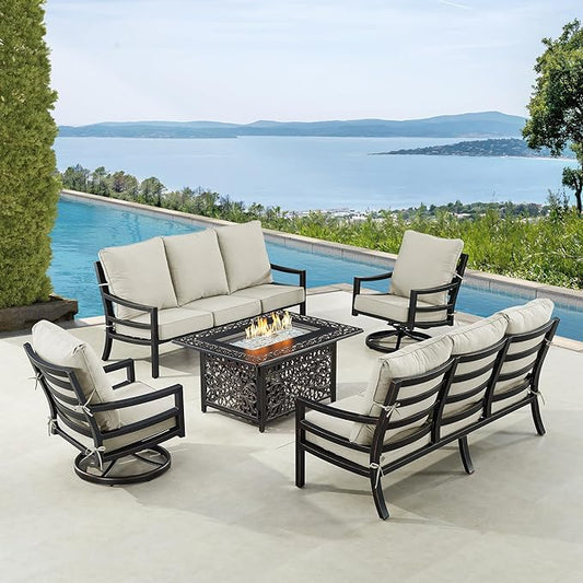 Oakland Living Black Aluminum Patio Fire Table Set with Two Deep Seating Sofa with Cushions and Two Club Chairs with Light Grey Cushions