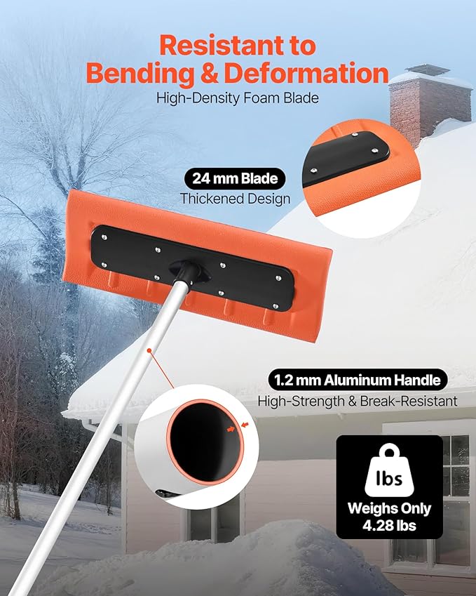 VEVOR Snow Roof Rake, 17.7 in Foam Blade, 7.3-18.4 ft Adjustable Roof Snow Scraper, Extension Tubes & Non-Slip Handle, Lightweight Snows Removal Tool for House Leaves Debris Clearing