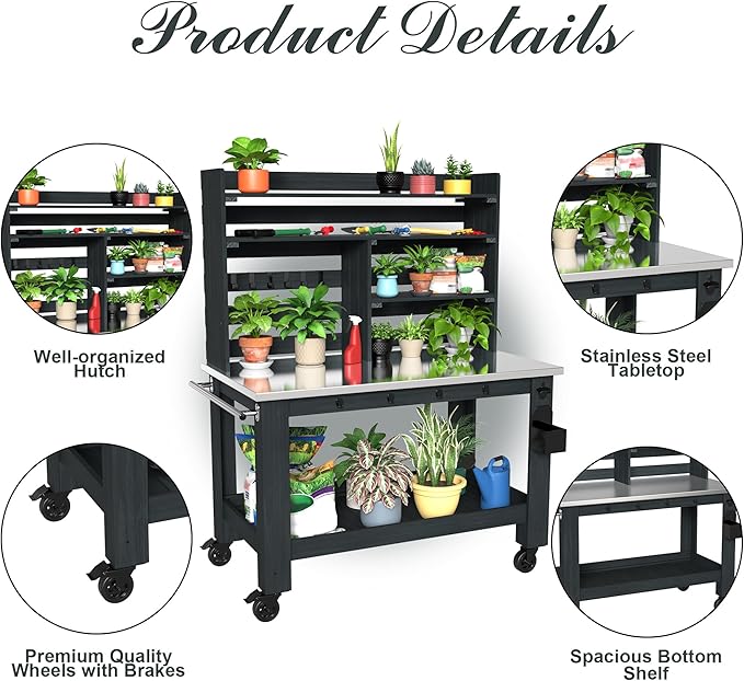 GDLF Potting Bench Table Large Outdoor Kitchen Island Prep Station with Stainless Steel Top Waterproof Cover, Hardwood, 66.9" H