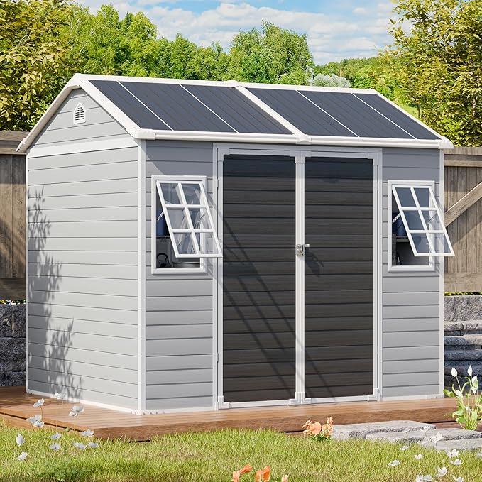8x6 FT Resin Storage Sheds with Floor and Adjustable Openable Windows, Large Waterproof Garden Sheds with Base, Outside Plastic Sheds with 2 Windows for Backyard Garden Patio Lawn Tools Storage, Gray