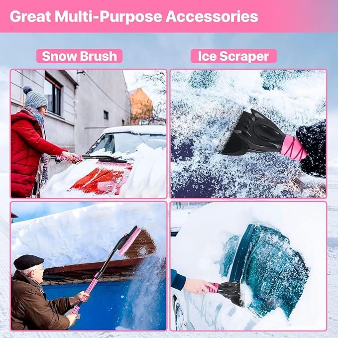 44" Ice Scraper and Snow Brush for Car Windshield with Extendable, 360° Pivoting, Soft Bristle Head, Foam Grip, for Car, Truck, SUV Window Tool (Pink)