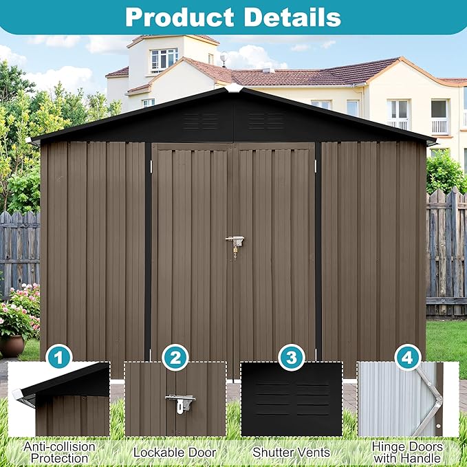 8x6 FT Outdoor Storage Shed, Metal Tool Shed with Lockable Doors, Peaked Roof & Frame Floor, Garden Shed with Vented Design for Backyard Garden Patio Lawn, Brown + Black