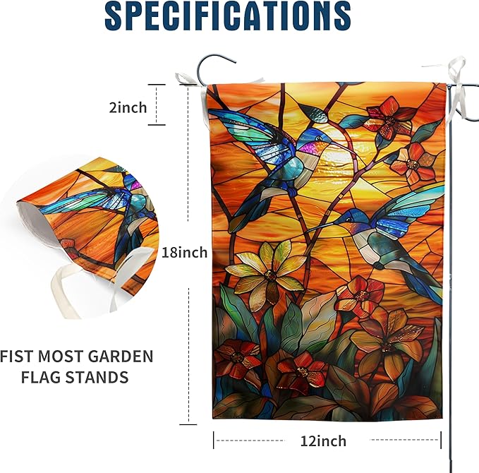 Stained Glass Hummingbird Garden Flag Spring Summer Yard Flag Fall Floral Decorative Flags for Outside 12x18 Double Sided Small Seasonal Lawn Flags Rustic Outdoor Decor