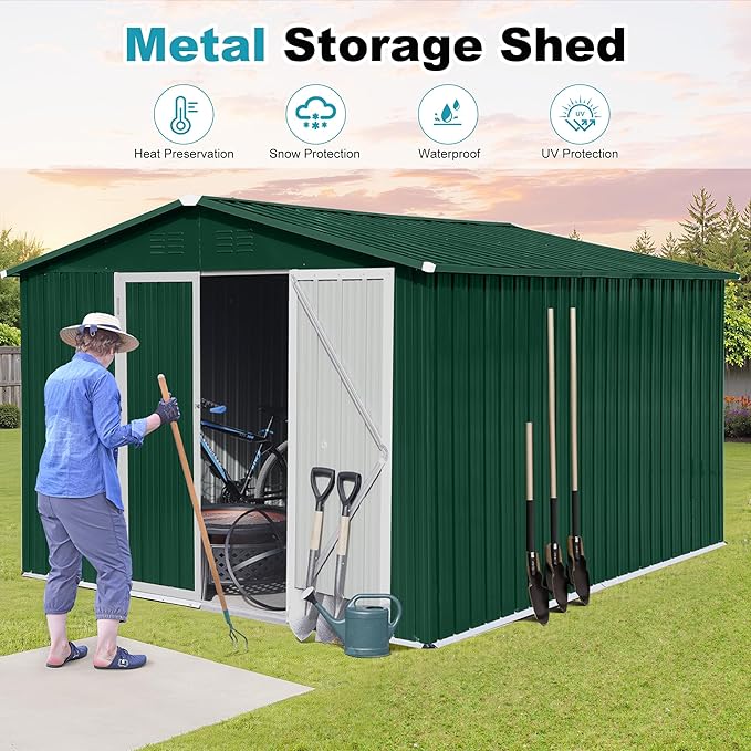 8x10 FT Outdoor Storage Shed, Metal Tool Shed with Lockable Doors, Peaked Roof & Frame Floor, Garden Shed with Vented Design for Backyard Garden Patio Lawn, Green+White