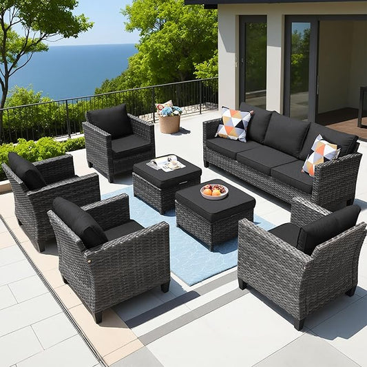 ovios Patio Furniture Set, 7 Pieces Outdoor Wicker Sofa Couch with 4 Chairs, Ottomans and Comfy Cushions, All Weather High Back Rattan Conversation Set, Black