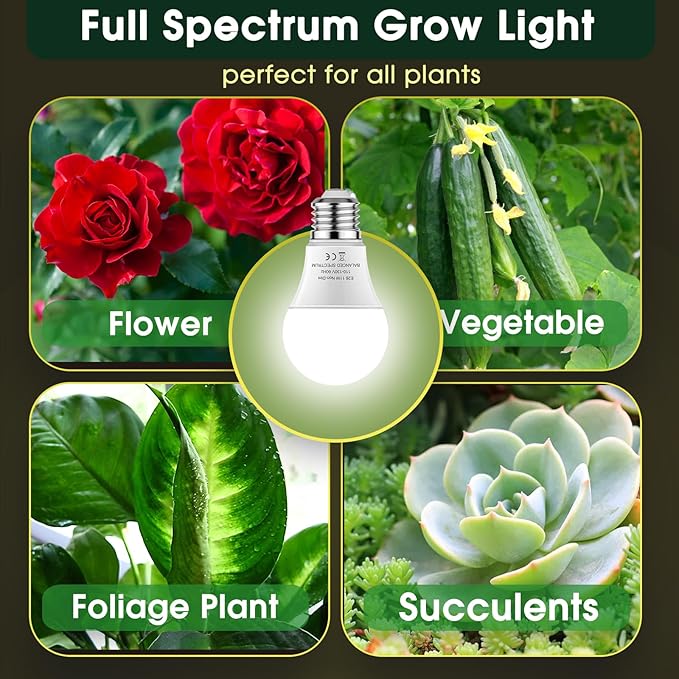 Grow Light Bulbs 5000K, LED Grow Light Bulb A19, Full Spectrum Light Bulb, Grow Bulb E26 Base, 11W Plant Light Bulbs 100W Equivalent, Grow Light Bulb for Indoor Plants, Flowers, Greenhouse, 2 Pack