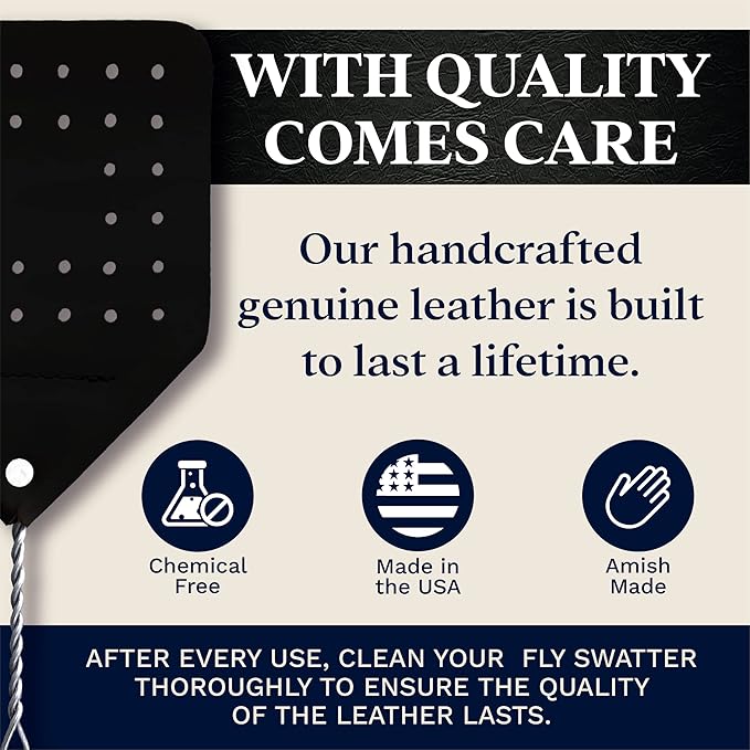 Leather Fly Swatter Set (3 Pack) – 17” Amish-Made Fly Swat w/Real Leather Paddle – Fly Swatters Multi Pack w/Metal Handle – Bug Swatter, Mosquito Swatter, Wasp Swatter (Black)