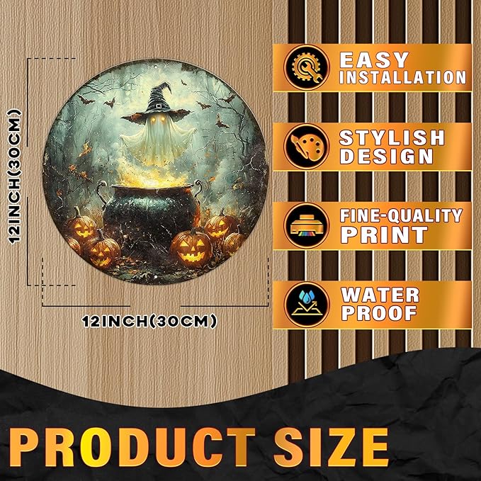 PEACHGARDEN Round Halloween Spooky Ghost With Witch Hat Wreath Vintage Sign Halloween Pumpkin Metal Tin Sign for Home Bar Kitchen Hotel Dining Room Coffee 12x12inch