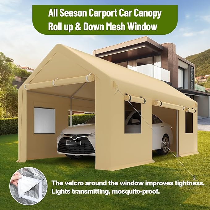 10 X 20FT Heavy Duty Carport, Portable Garage with Roll-Up Windows,Removable Sidewalls & Doors, Outdoor Tent Garage for Car,Truck,Boat