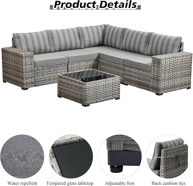 HOOOWOOO Modular Patio Outdoor Sectional Furniture Set,6 Piece Wicker Conversation Sofa Set,Out Door Couch Set with Wide Arm for Outside All Weather(Grey Stripes)