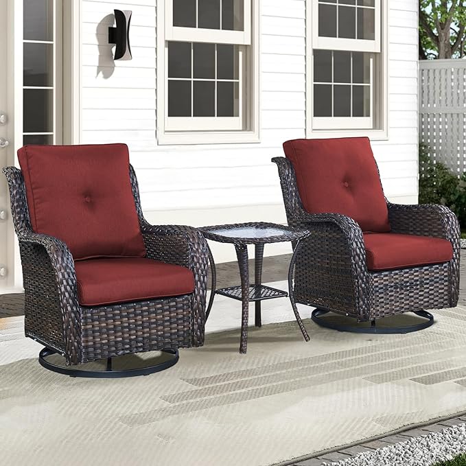 Patio Wicker Chairs Swivel Rocker,3 Pieces Patio Furniture Set with 360 Degree Wicker Swivel Rocking Chairs and Side Table for Garden,Porch,Backyard