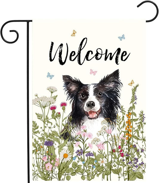 Floral Border Collie Garden Flag Spring Summer Yard Flag Flower Dog Garden Flags for Outside Small Outdoor Welcome Flags 12x18 Double Sided
