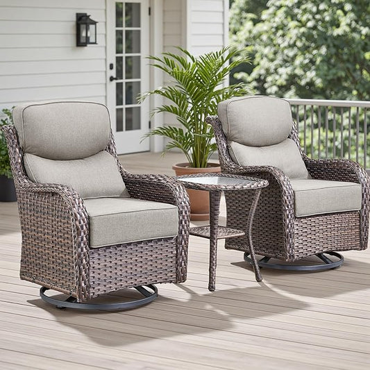 Outdoor Patio Swivel Rocker Chairs Set of 2, Waterproof Wicker, High Back, Deep Seating, Wide Armrest, Upgraded 6 inch Thick Cushions, Side Table, Ideal for Deck Porch Yard, Brown/Beige