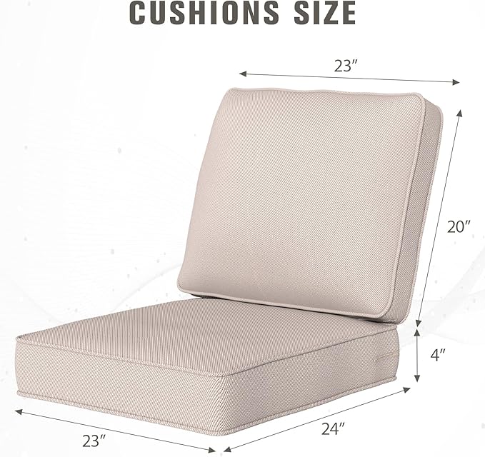 Outdoor Chair Cushions 23" x 24" x 4", Patio Deep Seat Replacement Cushions Set with Zippered Removable Cover, Weather-Resistant Olefin Fabric for Garden Chair Sofa Couch, Set of 6, Beige