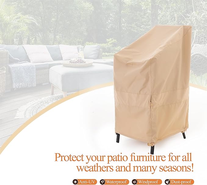 Stackable Patio Chair Cover, Heavy Duty, Wind Resistant and Waterproof Outdoor Lawn Patio Chair Covers, 28W x 36D x 45H, (4-6 Stacked Chairs), Beige, 1-Pack