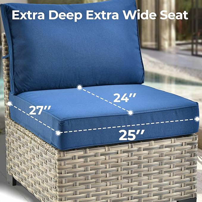 HOOOWOOO Outdoor Sectional Patio Furniture Set,9 Pieces Wicker Conversation Sets L Shaped Couch,Extra Deep Out Door Sofa Outside Furniture with Rocking Chairs,Navy Blue