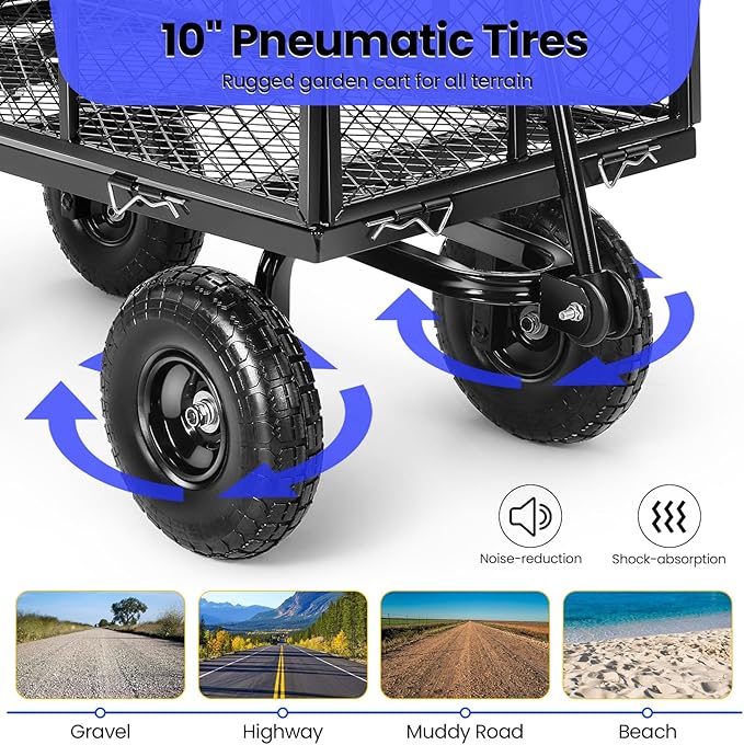 TEANDE Garden Cart, Heavy Duty 880Lbs Capacity Mesh Steel Garden Cart with Removable Sides to Convert into Flatbed, Utility Metal Wagon with 180° Rotating Handle and 10 in Tires, Black