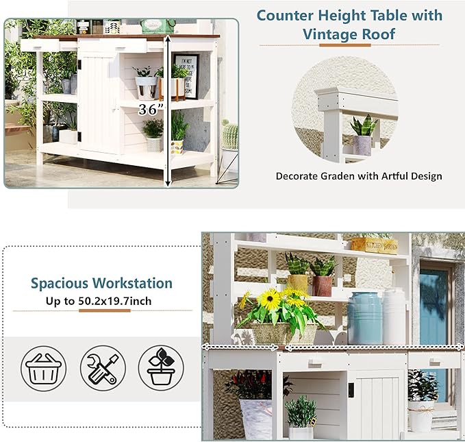66" Outdoor Potting Bench Workstation - Farmhouse Style Wooden Garden Table with Drawers, Cabinet & Open Shelves (White + Solid Wood + naturalwood Color)