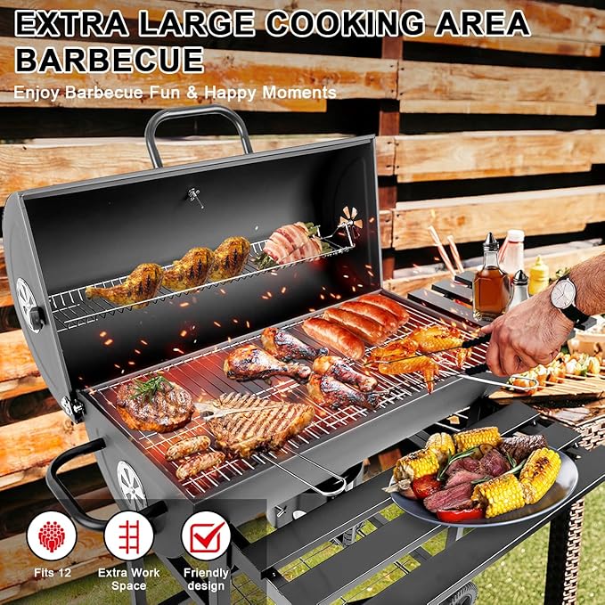 Charcoal Grill with Temperature Gauge - Large Outdoor Barrel Barbecue Grill with Side Table, 565 sq in Cooking Space for 8-12 People, Ideal for Camping and Backyard BBQ