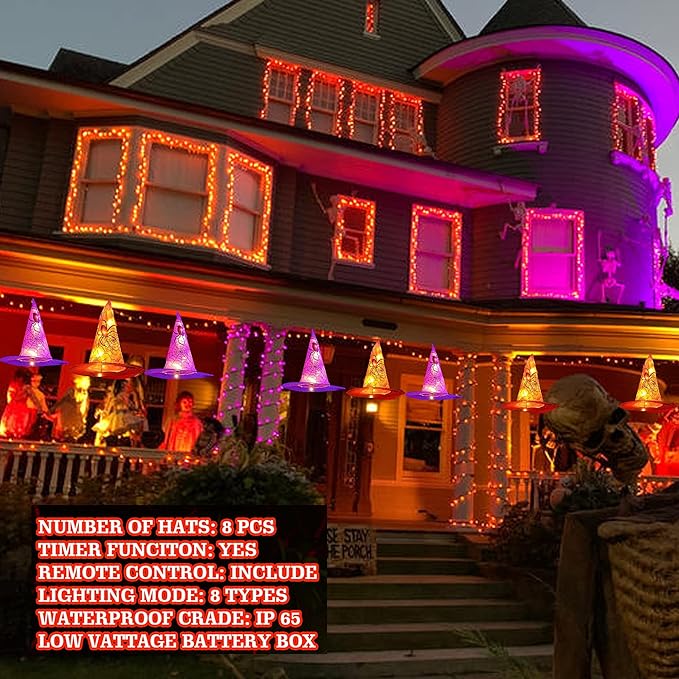 Dazzle Bright 8 Pcs Hanging Witch Hat String Lights, Light Up Waterproof Halloween Decorations with Remote Control for Outdoor Garden Party Carnival Supplies Decor