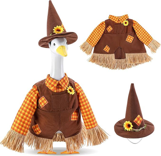 DECOHS 2 Pcs/Set Scarecrow Porch Goose Outfits, Fall Thanksgiving Lawn Goose Statue Scarecrow Costume, Garden Goose Scarecrows Clothes Hat for 23" Statue Autumn Halloween Outdoor Patio Yard Decoration