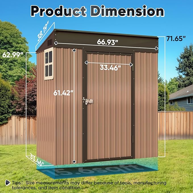 Quictent 5X3 FT Heavy Duty Outdoor Metal Storage Shed,Lockable Garden Shed with Rotating Roof, Waterproof Shed for Bike Storage, Tool Storage, Temporary Storage,Brown(5.5X2.8 FT Base, No Floor)