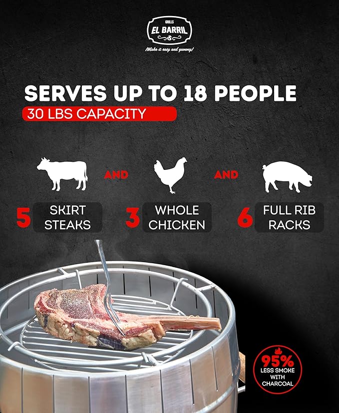 EL BARRIL 30lbs Grill & Smoker Barrel, Stainless Steel Charcoal Smoker Grill – Portable Outdoor Smokers with Grilling Accessories