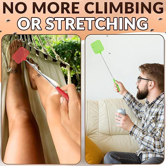 3 Pcs Fly Swatter for Indoors – 28.6" Telescoping Handle, Stainless Steel, Flexible Bug & Mosquitoes Fly Swatters, Bright Colors FlySwatter Heavy Duty for Kitchen & Home