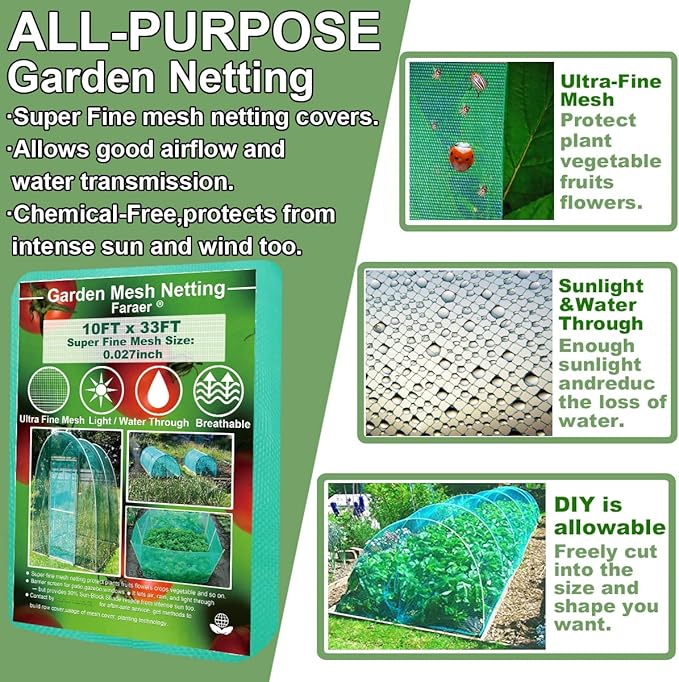 Garden Barrier Netting, Plant Covers 10x33ft Extra Fine Mesh 30% Green Sunblock Shade Cloth Mesh Protection Netting for Vegetable Fruits Flowers Crops Row Cover Raised Bed Screen Against Birds Animal