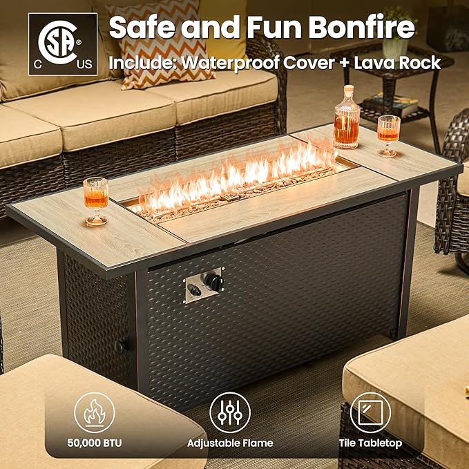 ovios 10 Pieces Patio Furniture Set, Outdoor Wicker Sofa Couch with Swivel Chairs 54" Fire Pit Table, All Weather High Back Modern Conversation Sets, Brown Rattan, Beige